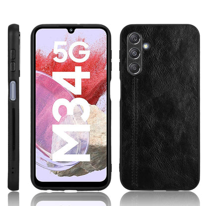 Samsung Galaxy M34 5G Cow Pattern Sewing Back Cover Phone Case - Premium PU Leather Texture PC + TPU Shockproof Protective Case, Scratch Resistant Slim Lightweight Anti-Fingerprint Full Coverage Mobile Cover