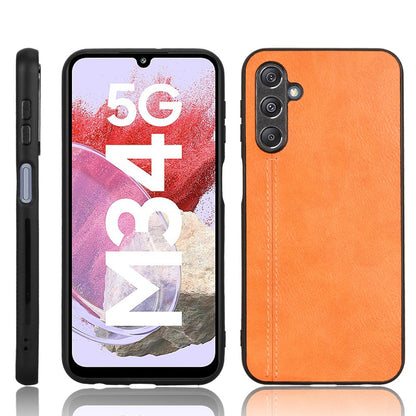 Samsung Galaxy M34 5G Cow Pattern Sewing Back Cover Phone Case - Premium PU Leather Texture PC + TPU Shockproof Protective Case, Scratch Resistant Slim Lightweight Anti-Fingerprint Full Coverage Mobile Cover
