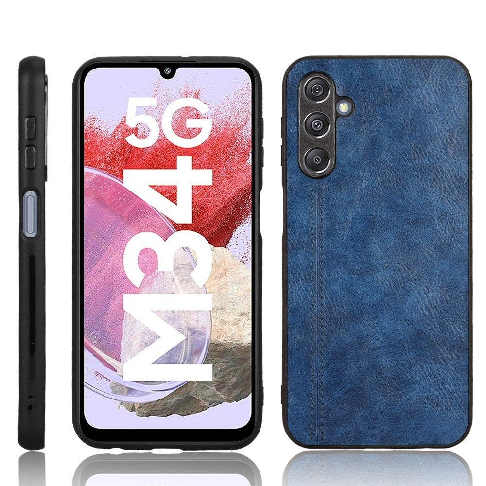 Samsung Galaxy M34 5G Cow Pattern Sewing Back Cover Phone Case - Premium PU Leather Texture PC + TPU Shockproof Protective Case, Scratch Resistant Slim Lightweight Anti-Fingerprint Full Coverage Mobile Cover