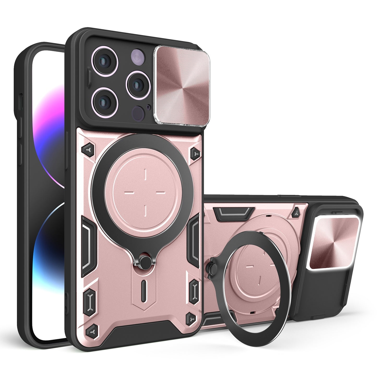 Apple iPhone 14 Pro Magnetic Holder CD Texture Sliding Camshield Phone Case, TPU PC Shockproof Cover