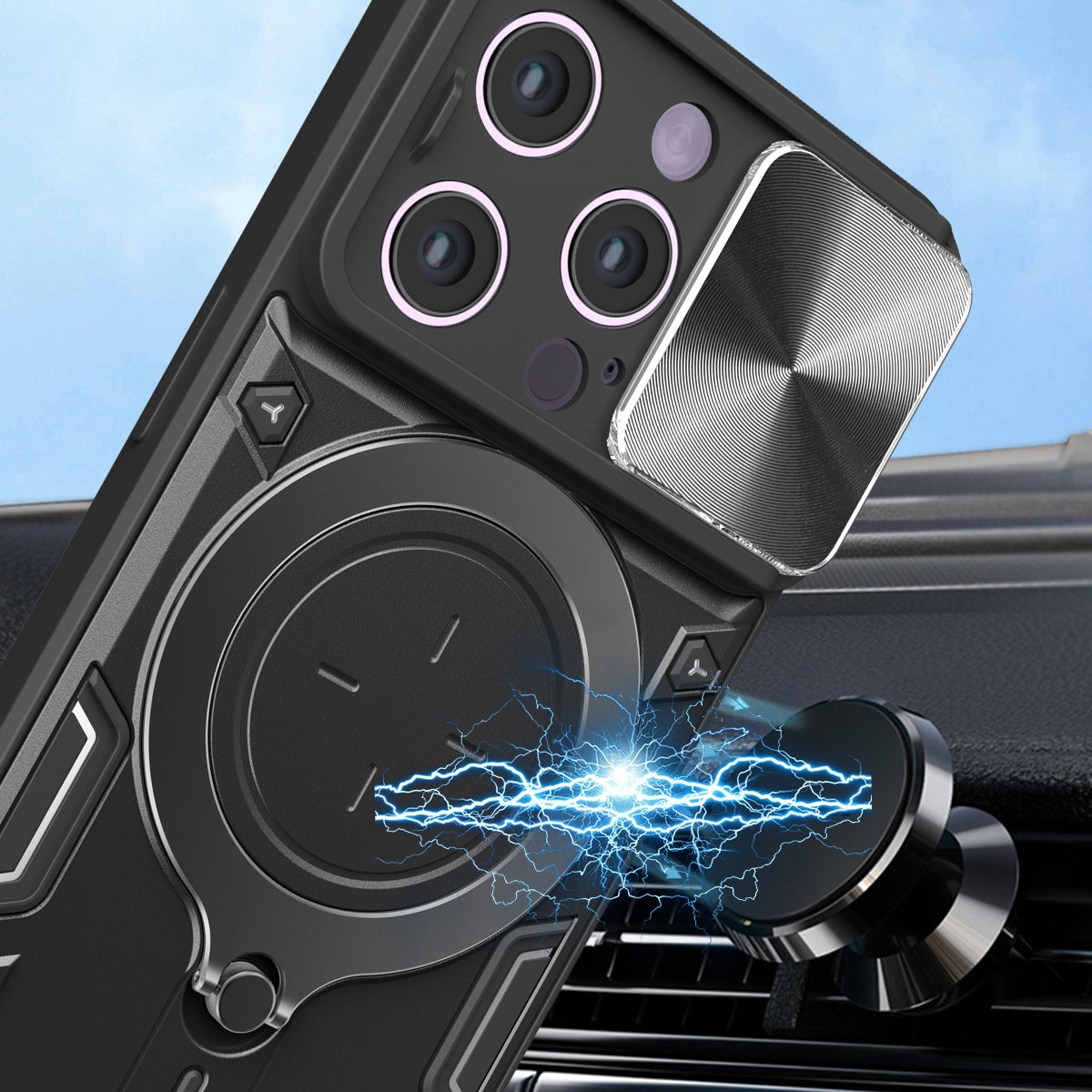 Apple iPhone 14 Pro Magnetic Holder CD Texture Sliding Camshield Phone Case, TPU PC Shockproof Cover