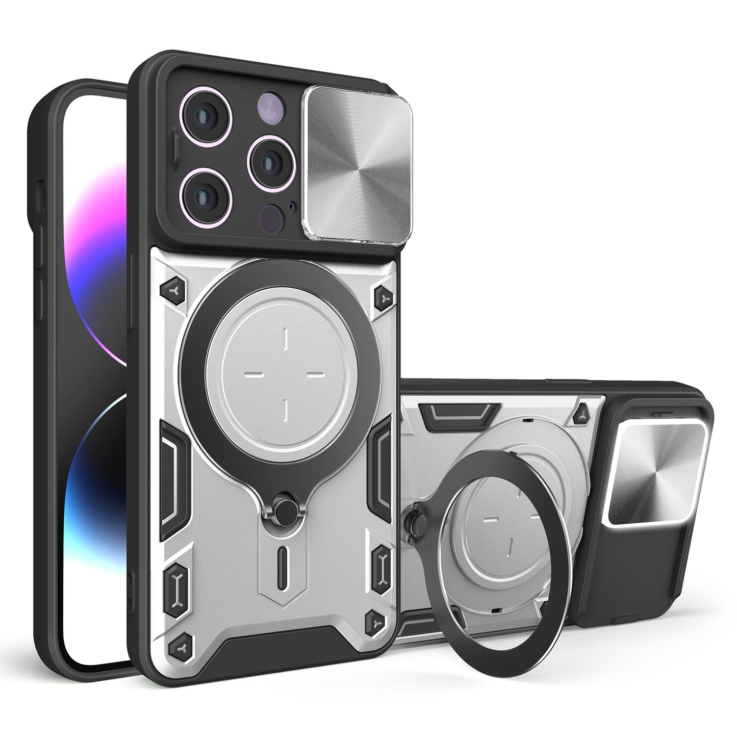 Apple iPhone 14 Pro Magnetic Holder CD Texture Sliding Camshield Phone Case, TPU PC Shockproof Cover