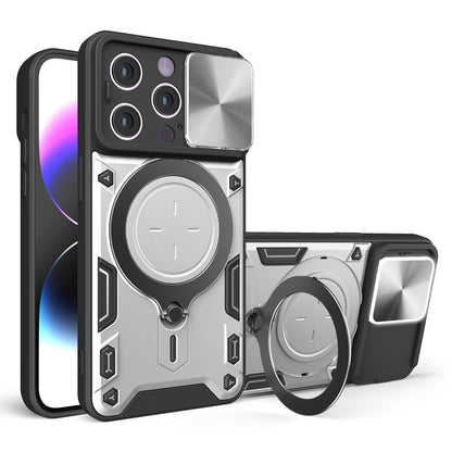 Apple iPhone 14 Pro Magnetic Holder CD Texture Sliding Camshield Phone Case, TPU PC Shockproof Cover
