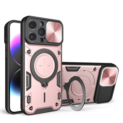 Apple iPhone 14 Pro Max Magnetic Holder CD Texture Sliding Camshield Phone Case, TPU PC Shockproof Cover
