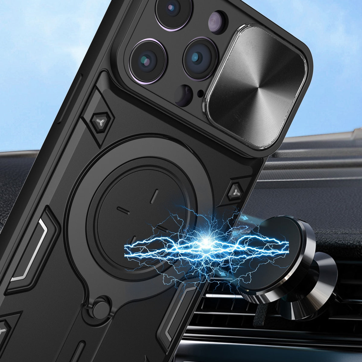 Apple iPhone 14 Pro Max Magnetic Holder CD Texture Sliding Camshield Phone Case, TPU PC Shockproof Cover