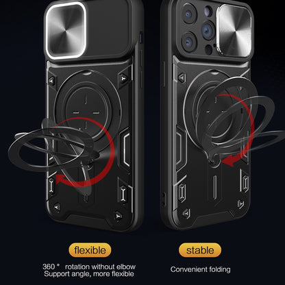 Apple iPhone 14 Pro Max Magnetic Holder CD Texture Sliding Camshield Phone Case, TPU PC Shockproof Cover