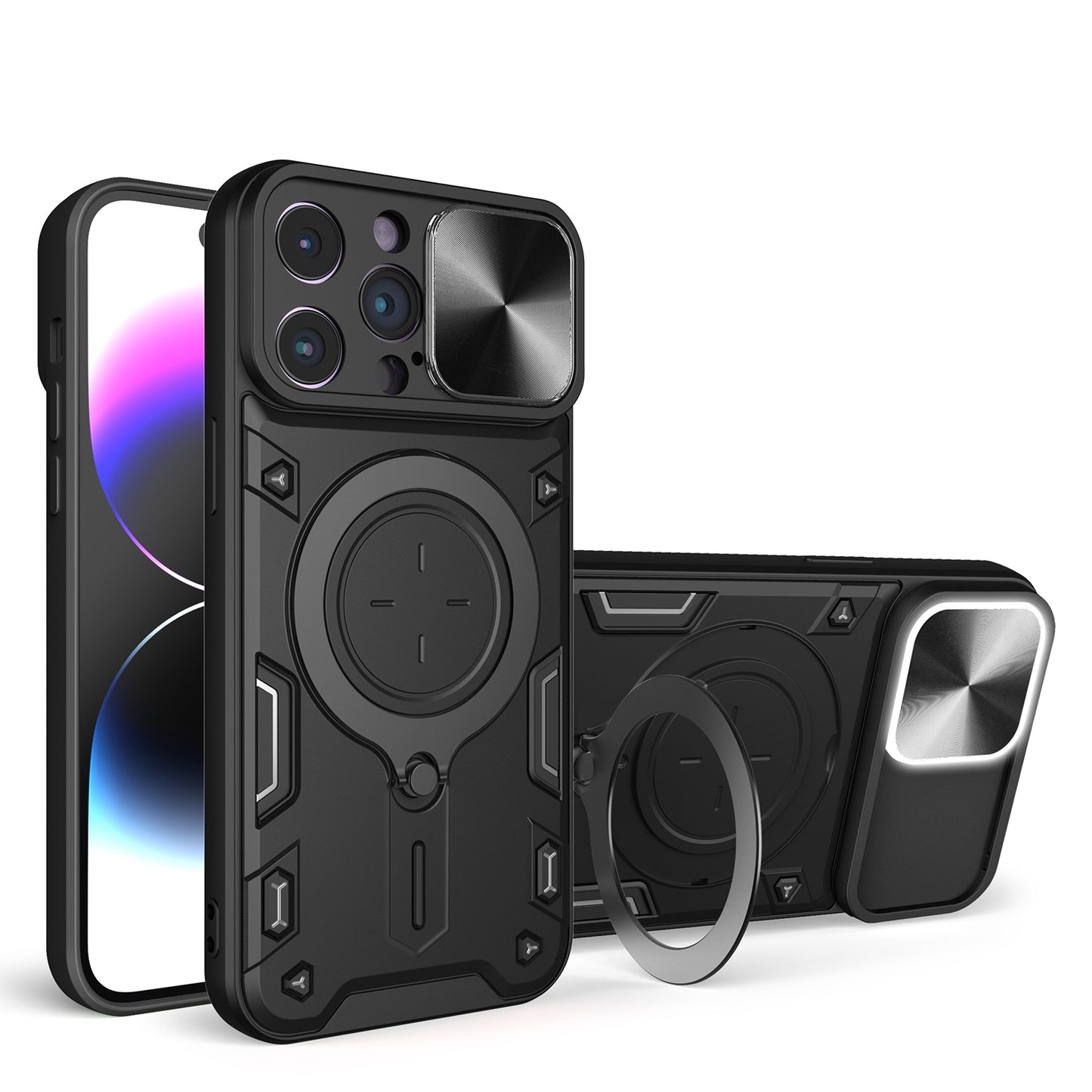 Apple iPhone 14 Pro Max Magnetic Holder CD Texture Sliding Camshield Phone Case, TPU PC Shockproof Cover