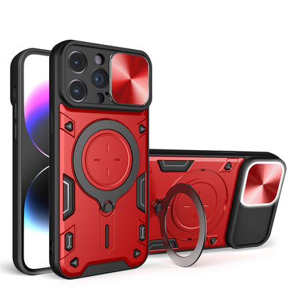 Apple iPhone 14 Pro Max Magnetic Holder CD Texture Sliding Camshield Phone Case, TPU PC Shockproof Cover