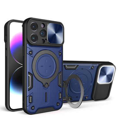 Apple iPhone 14 Pro Max Magnetic Holder CD Texture Sliding Camshield Phone Case, TPU PC Shockproof Cover