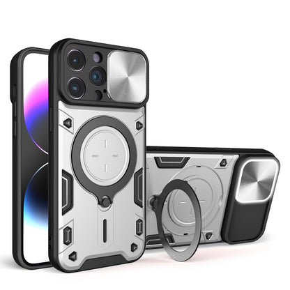 Apple iPhone 14 Pro Max Magnetic Holder CD Texture Sliding Camshield Phone Case, TPU PC Shockproof Cover