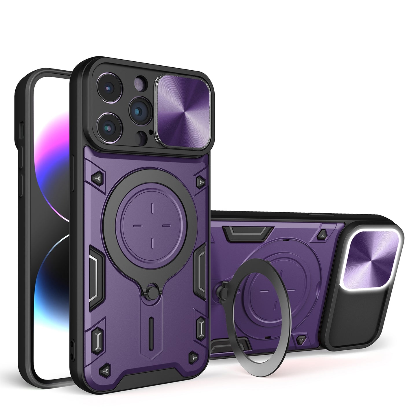 Apple iPhone 14 Pro Max Magnetic Holder CD Texture Sliding Camshield Phone Case, TPU PC Shockproof Cover