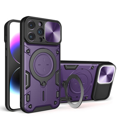 Apple iPhone 14 Pro Max Magnetic Holder CD Texture Sliding Camshield Phone Case, TPU PC Shockproof Cover
