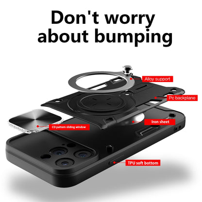 Apple iPhone 14 Pro Max Magnetic Holder CD Texture Sliding Camshield Phone Case, TPU PC Shockproof Cover