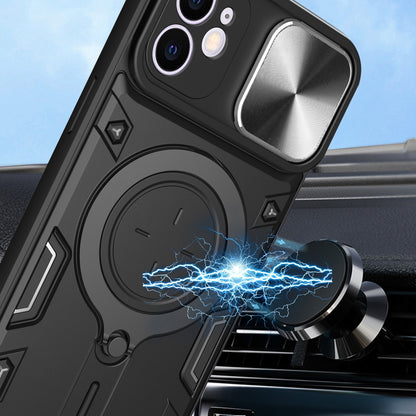 Apple iPhone 12 Magnetic Holder CD Texture Sliding Camshield Phone Case, TPU PC Shockproof Cover