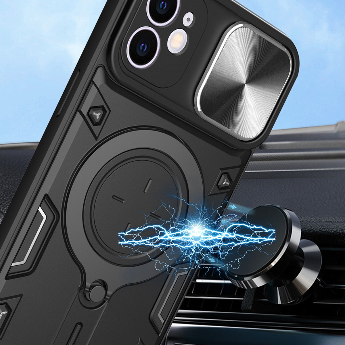 Apple iPhone 11 Magnetic Holder CD Texture Sliding Camshield Phone Case, TPU PC Shockproof Cover