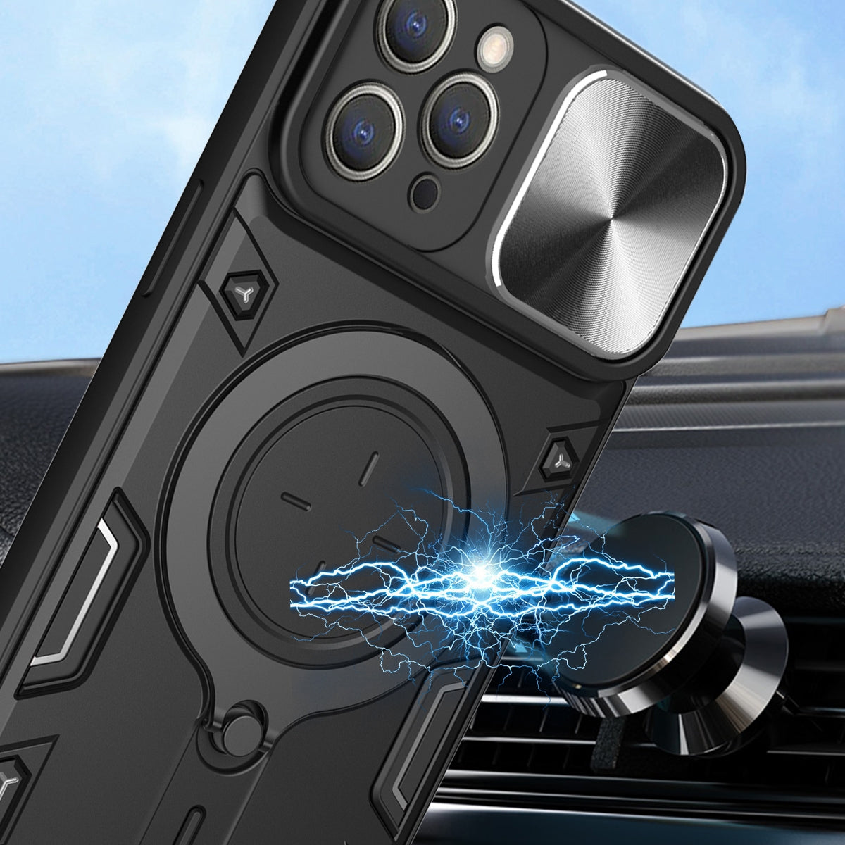 Apple iPhone 11 Pro Max Magnetic Holder CD Texture Sliding Camshield Phone Case, TPU PC Shockproof Cover