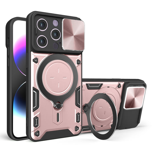 Apple iPhone 14 Magnetic Holder CD Texture Sliding Camshield Phone Case, TPU PC Shockproof Cover