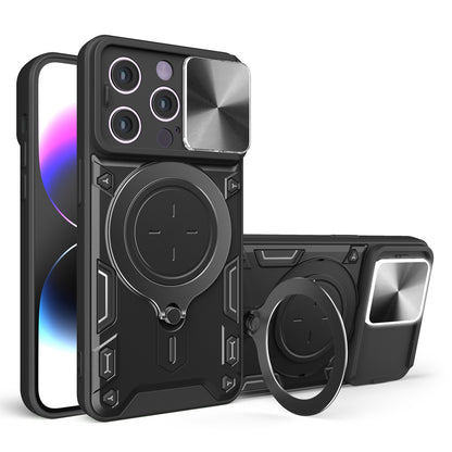 Apple iPhone 14 Magnetic Holder CD Texture Sliding Camshield Phone Case, TPU PC Shockproof Cover