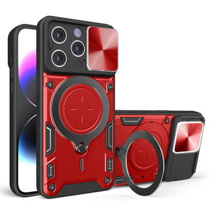 Apple iPhone 14 Magnetic Holder CD Texture Sliding Camshield Phone Case, TPU PC Shockproof Cover