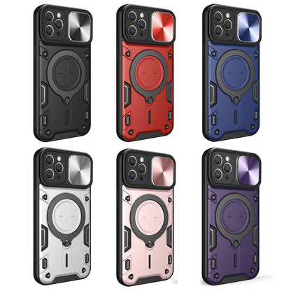 Apple iPhone 14 Magnetic Holder CD Texture Sliding Camshield Phone Case, TPU PC Shockproof Cover
