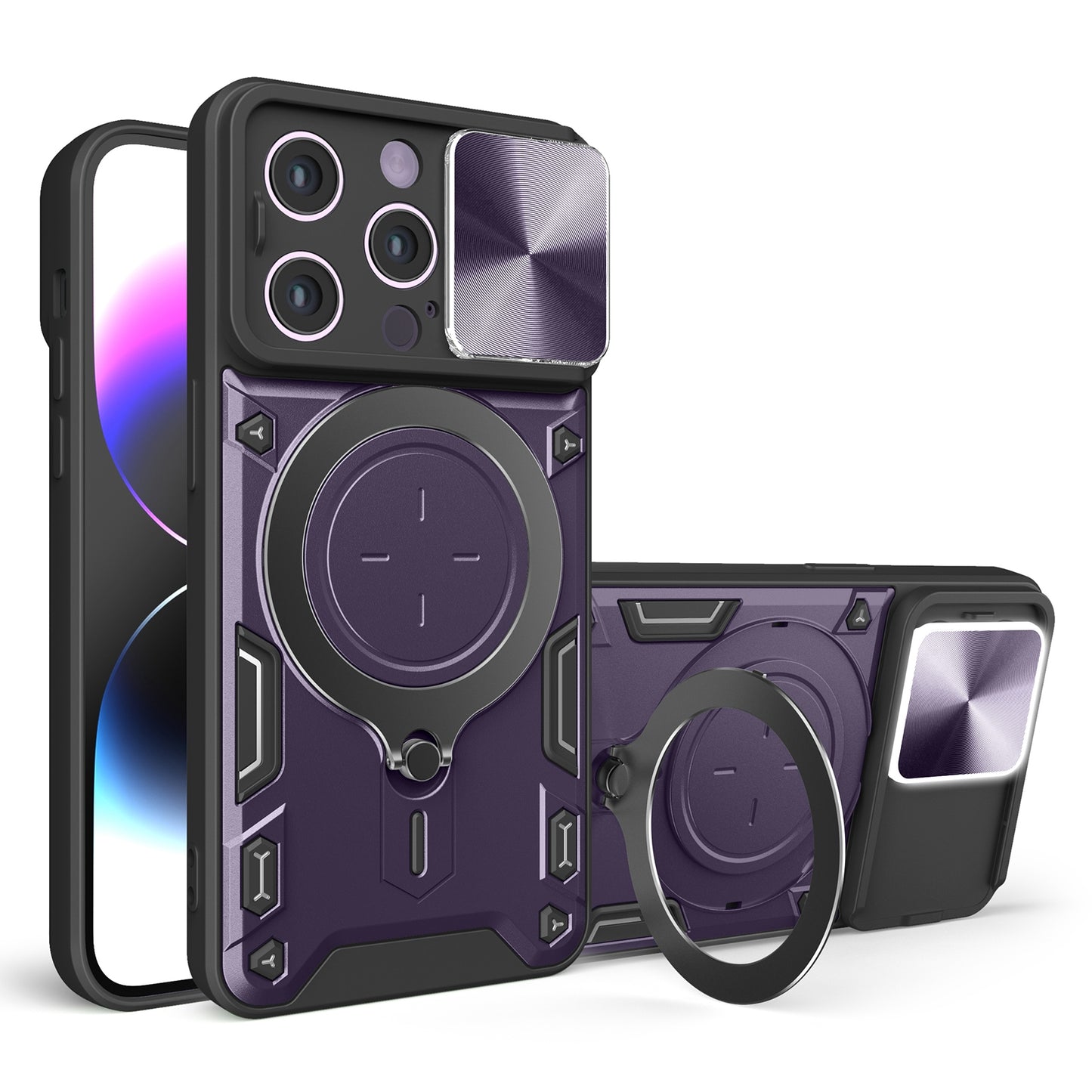Apple iPhone 14 Magnetic Holder CD Texture Sliding Camshield Phone Case, TPU PC Shockproof Cover