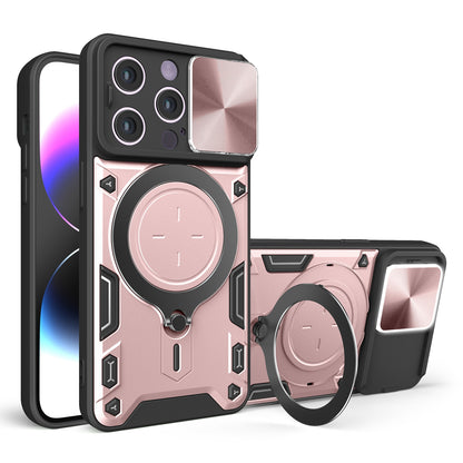 Apple iPhone 14 Plus Magnetic Holder CD Texture Sliding Camshield Phone Case, TPU PC Shockproof Cover