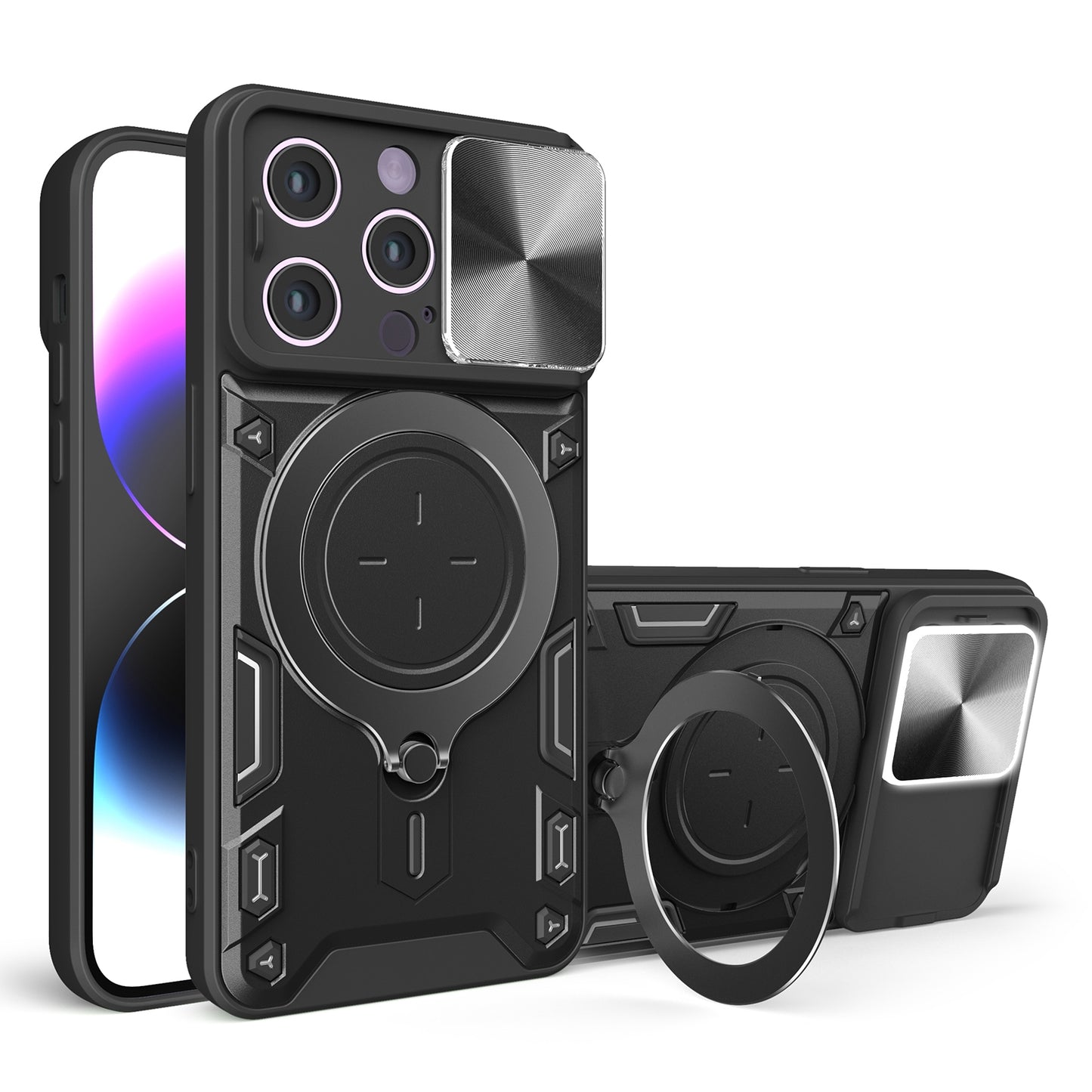 Apple iPhone 14 Plus Magnetic Holder CD Texture Sliding Camshield Phone Case, TPU PC Shockproof Cover