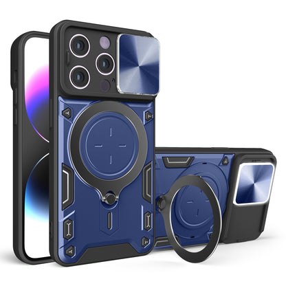 Apple iPhone 14 Plus Magnetic Holder CD Texture Sliding Camshield Phone Case, TPU PC Shockproof Cover