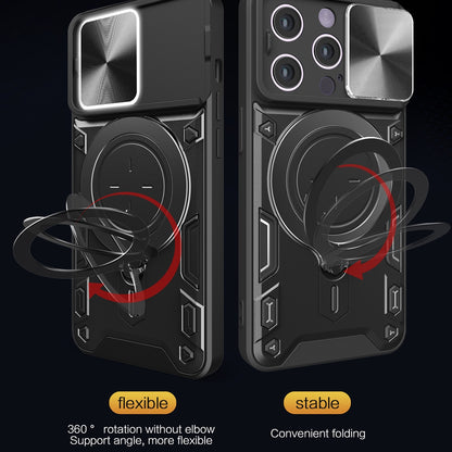Apple iPhone 14 Plus Magnetic Holder CD Texture Sliding Camshield Phone Case, TPU PC Shockproof Cover