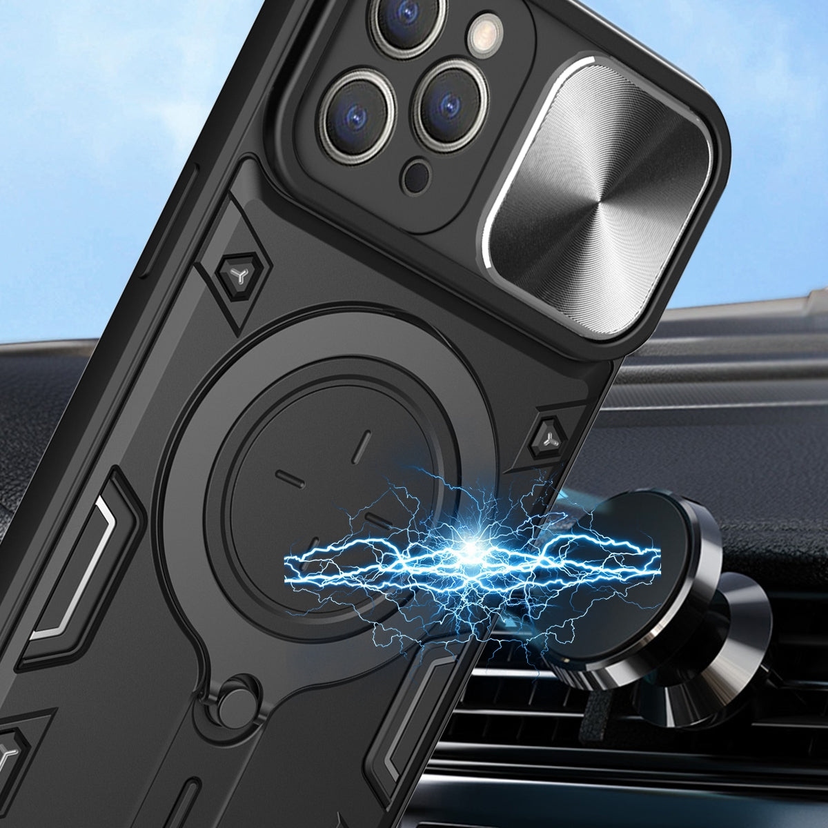 Apple iPhone 13 Magnetic Holder CD Texture Sliding Camshield Phone Case, TPU PC Shockproof Cover