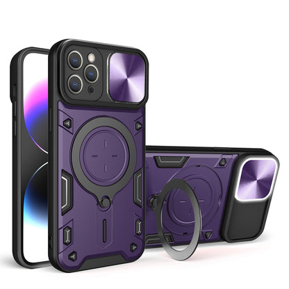 Apple iPhone 13 Pro Magnetic Holder CD Texture Sliding Camshield Phone Case, TPU PC Shockproof Cover
