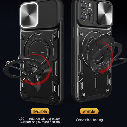 Apple iPhone 13 Pro Magnetic Holder CD Texture Sliding Camshield Phone Case, TPU PC Shockproof Cover