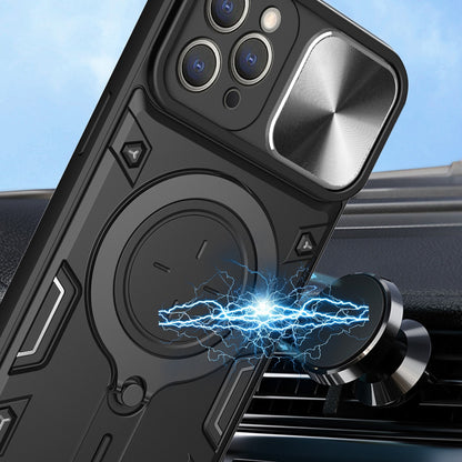 Apple iPhone 13 Pro Max Magnetic Holder CD Texture Sliding Camshield Phone Case, TPU PC Shockproof Cover