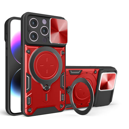 Apple iPhone 15 Pro Max Magnetic Holder CD Texture Sliding Camshield Phone Case, TPU PC Shockproof Cover
