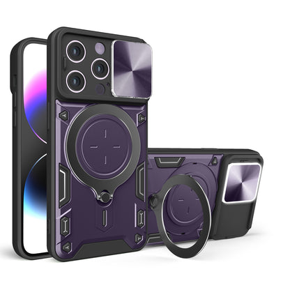 Apple iPhone 15 Pro Max Magnetic Holder CD Texture Sliding Camshield Phone Case, TPU PC Shockproof Cover
