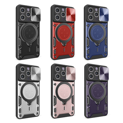 Apple iPhone 15 Pro Max Magnetic Holder CD Texture Sliding Camshield Phone Case, TPU PC Shockproof Cover