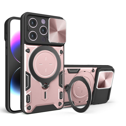 Apple iPhone 15 Pro Magnetic Holder CD Texture Sliding Camshield Phone Case, TPU PC Shockproof Cover