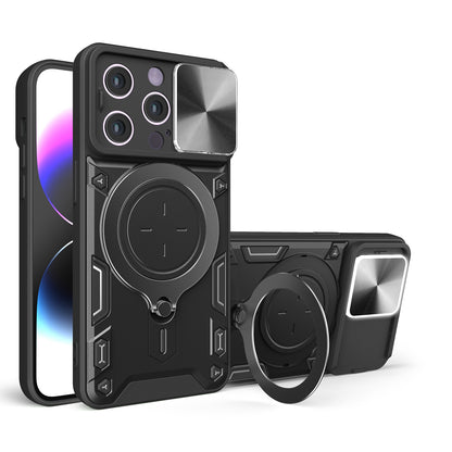 Apple iPhone 15 Pro Magnetic Holder CD Texture Sliding Camshield Phone Case, TPU PC Shockproof Cover