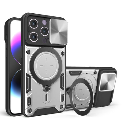 Apple iPhone 15 Pro Magnetic Holder CD Texture Sliding Camshield Phone Case, TPU PC Shockproof Cover