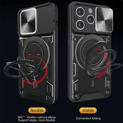 Apple iPhone 15 Pro Magnetic Holder CD Texture Sliding Camshield Phone Case, TPU PC Shockproof Cover