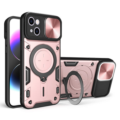Apple iPhone 15 Plus Magnetic Holder CD Texture Sliding Camshield Phone Case, TPU PC Shockproof Cover