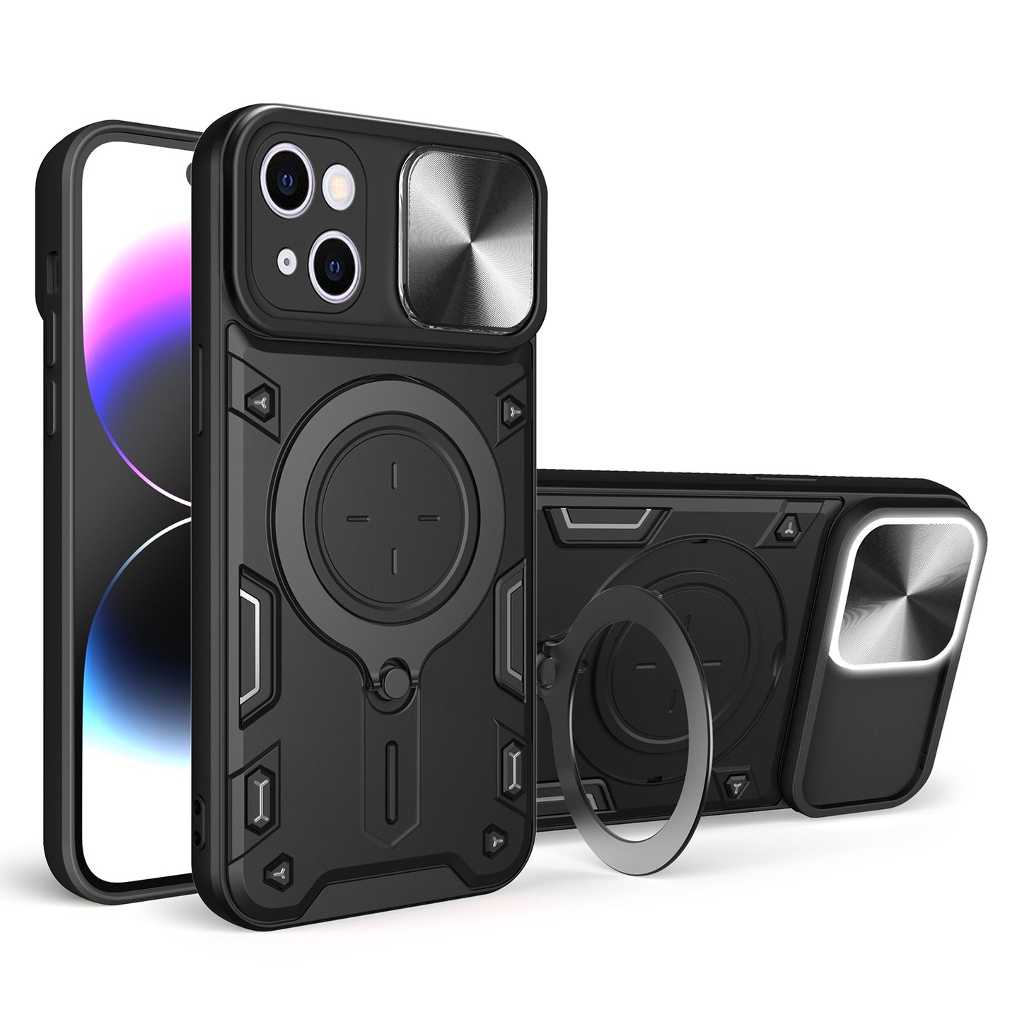 Apple iPhone 15 Plus Magnetic Holder CD Texture Sliding Camshield Phone Case, TPU PC Shockproof Cover