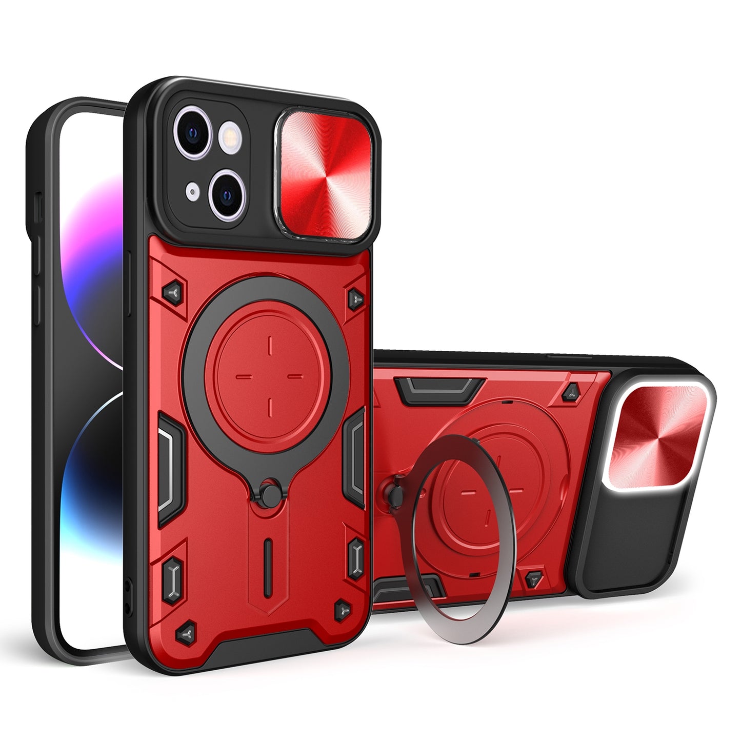 Apple iPhone 15 Plus Magnetic Holder CD Texture Sliding Camshield Phone Case, TPU PC Shockproof Cover