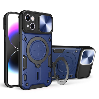 Apple iPhone 15 Plus Magnetic Holder CD Texture Sliding Camshield Phone Case, TPU PC Shockproof Cover