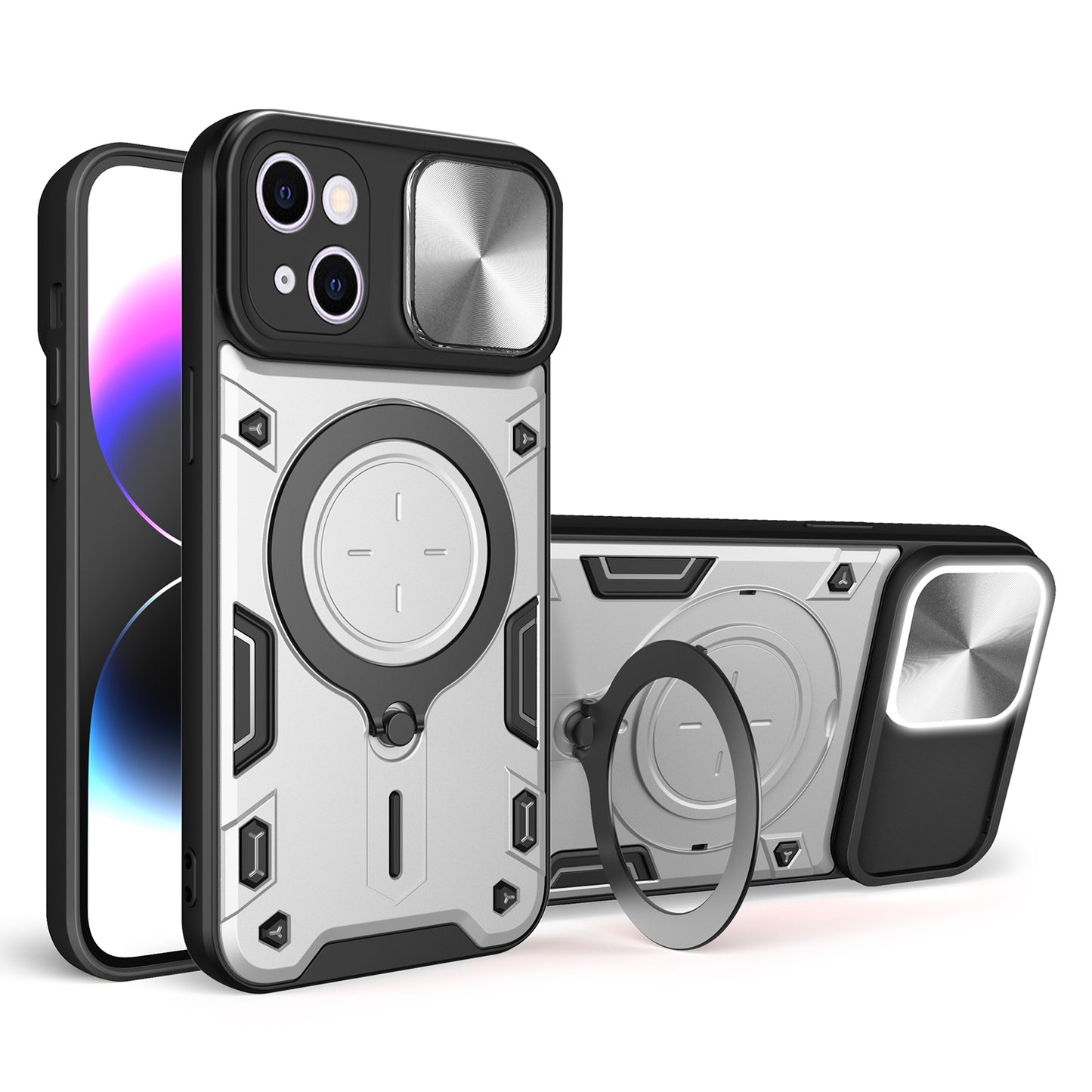 Apple iPhone 15 Plus Magnetic Holder CD Texture Sliding Camshield Phone Case, TPU PC Shockproof Cover