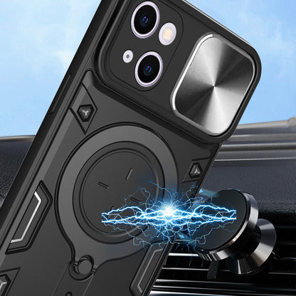 Apple iPhone 15 Plus Magnetic Holder CD Texture Sliding Camshield Phone Case, TPU PC Shockproof Cover