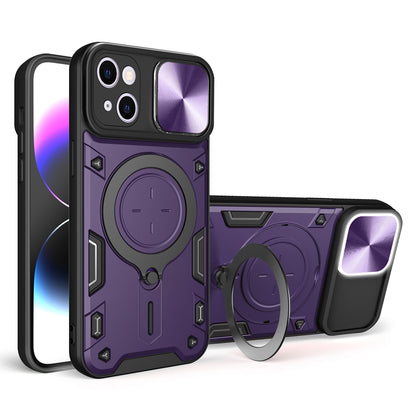Apple iPhone 15 Plus Magnetic Holder CD Texture Sliding Camshield Phone Case, TPU PC Shockproof Cover