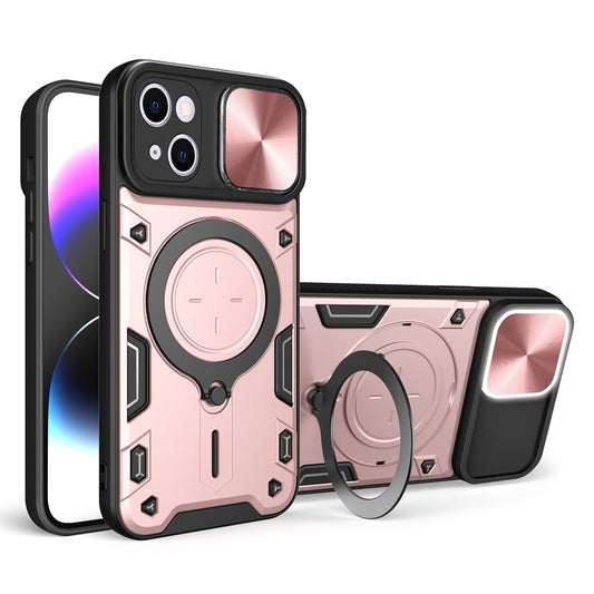 Apple iPhone 15 Magnetic Holder CD Texture Sliding Camshield Phone Case, TPU PC Shockproof Cover