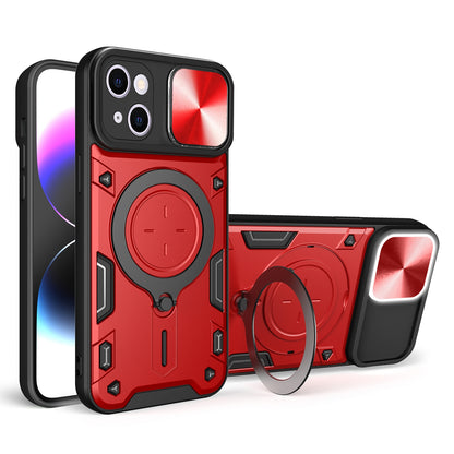 Apple iPhone 15 Magnetic Holder CD Texture Sliding Camshield Phone Case, TPU PC Shockproof Cover