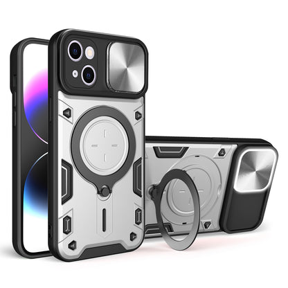 Apple iPhone 15 Magnetic Holder CD Texture Sliding Camshield Phone Case, TPU PC Shockproof Cover